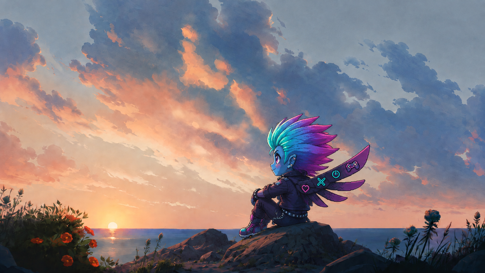Winnie sitting on a cliff at sunset